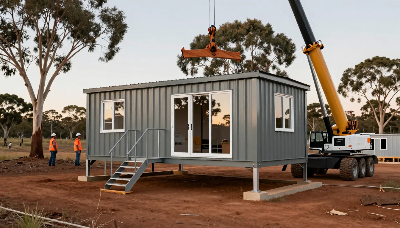 A modular donga building being lifted by crane at an Australian construction site